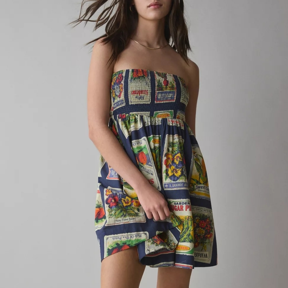 NWT BDG Juliana Strapless Mini Dress Veggie Seed Print Tie Back Size Medium